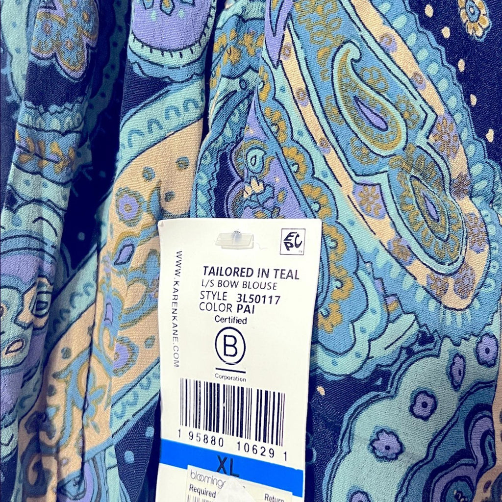 Karen Kane Long Sleeve Paisley Print Bow Neck Blouse, Size XL NEW w/Tag $168
