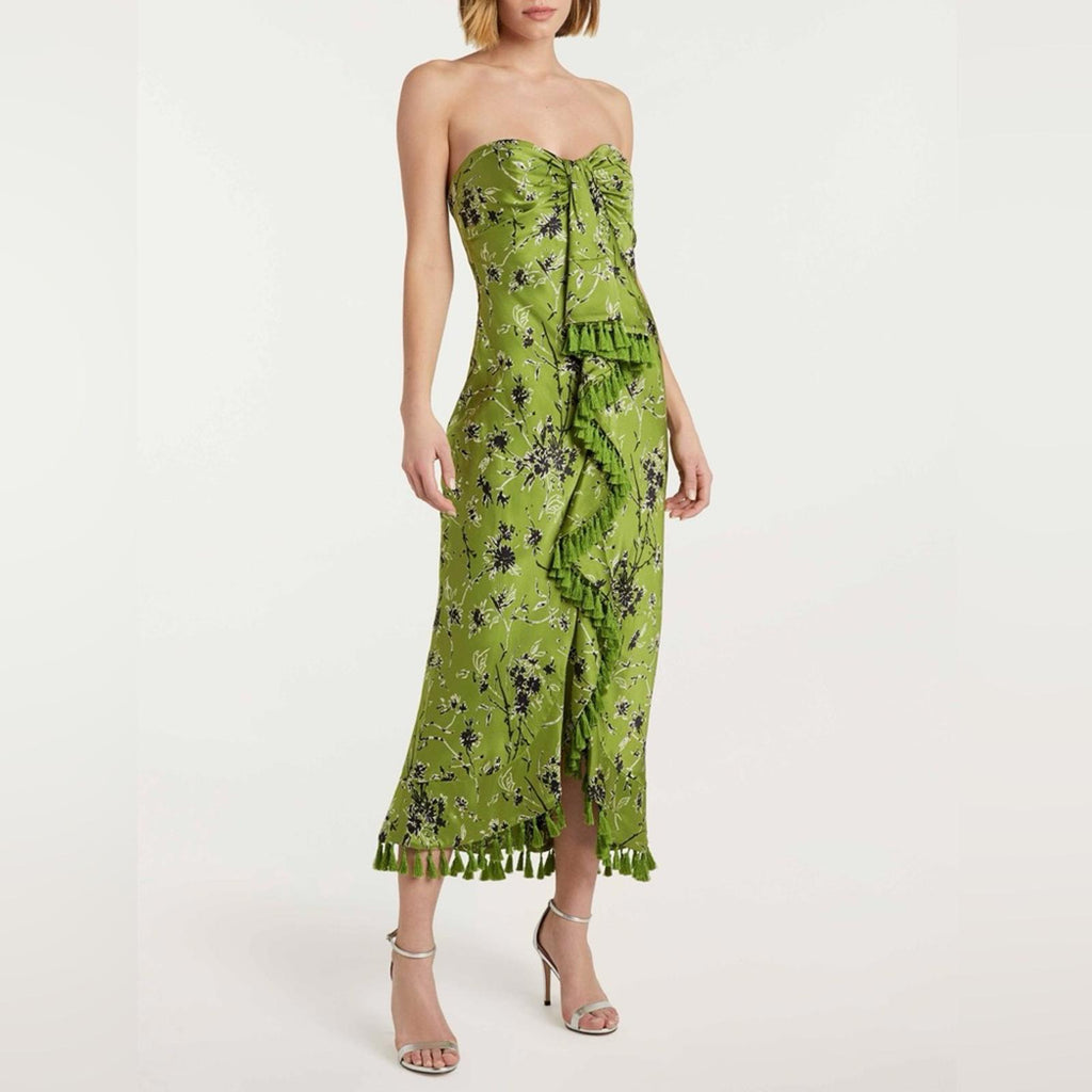 Cinq à Sept Elise Silk Strapless Wildflower Ruffle Tassel Dress, NWT, Size 0