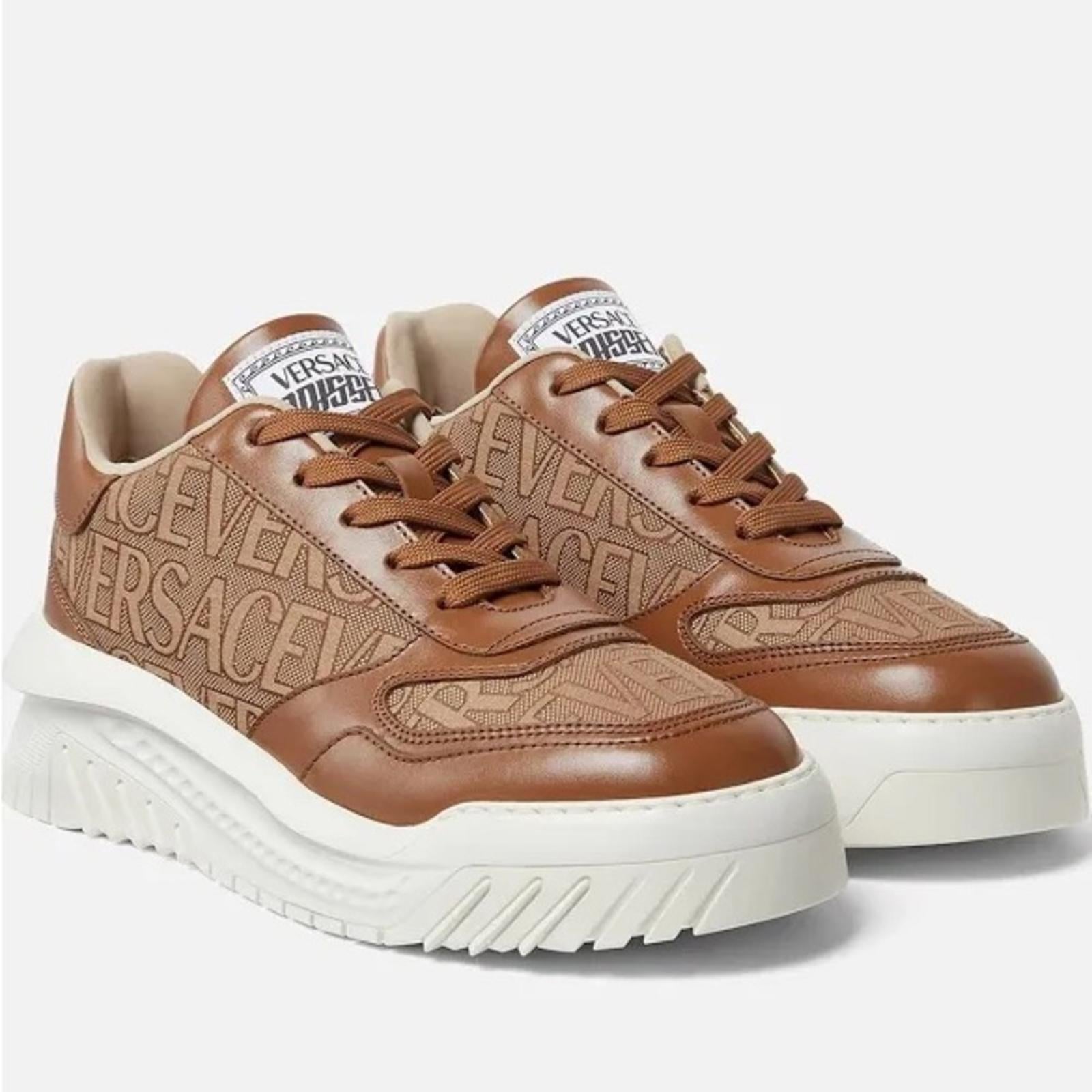Versace AllOver Logo Odissea Low-Top Men’s Sneakers, Beige-Brown, New, Size 42.5