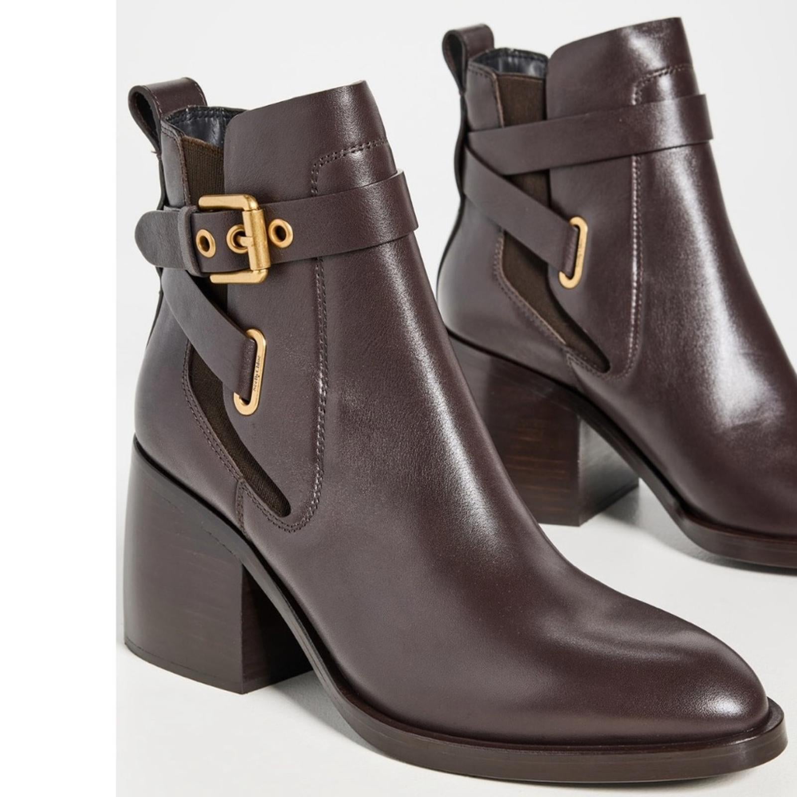 See by Chloé Dark Brown Calf Averi Block Heel Leather Bootie, Size 41 w/DustBag
