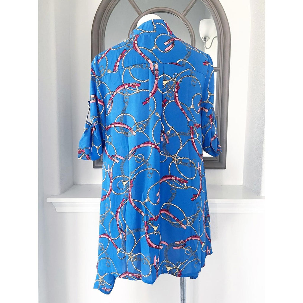 NEW Feratelli Tunic Blue Status Print Blouse Top Blue, Size L New with Tag