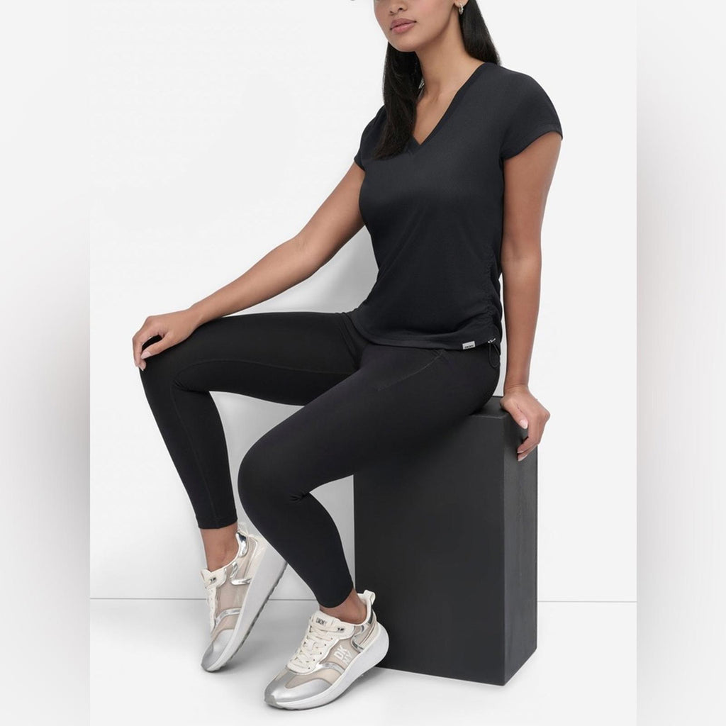 DKNY Tech-Mesh Performance V-Neck Tech Tee w/Ruched Drawcord Side Seams, NWT, M