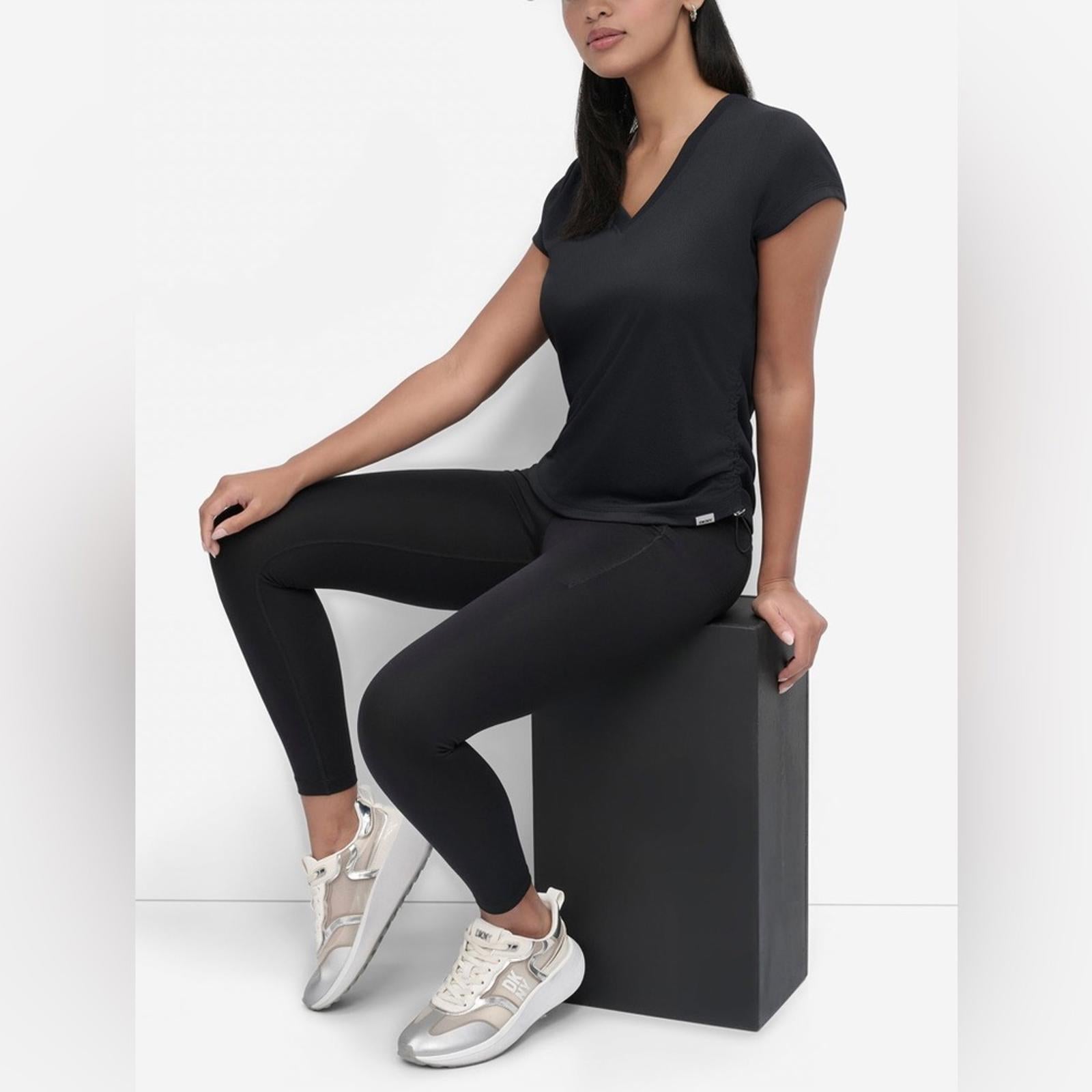 DKNY Tech-Mesh Performance V-Neck Tech Tee w/Ruched Drawcord Side Seams, NWT, M