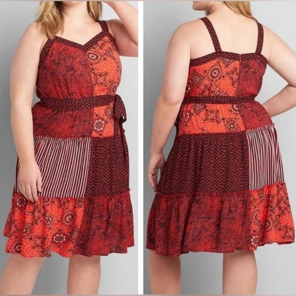 Lane Bryant Red Patchwork Print Midi Dress w/Belt, NWT, Size 14