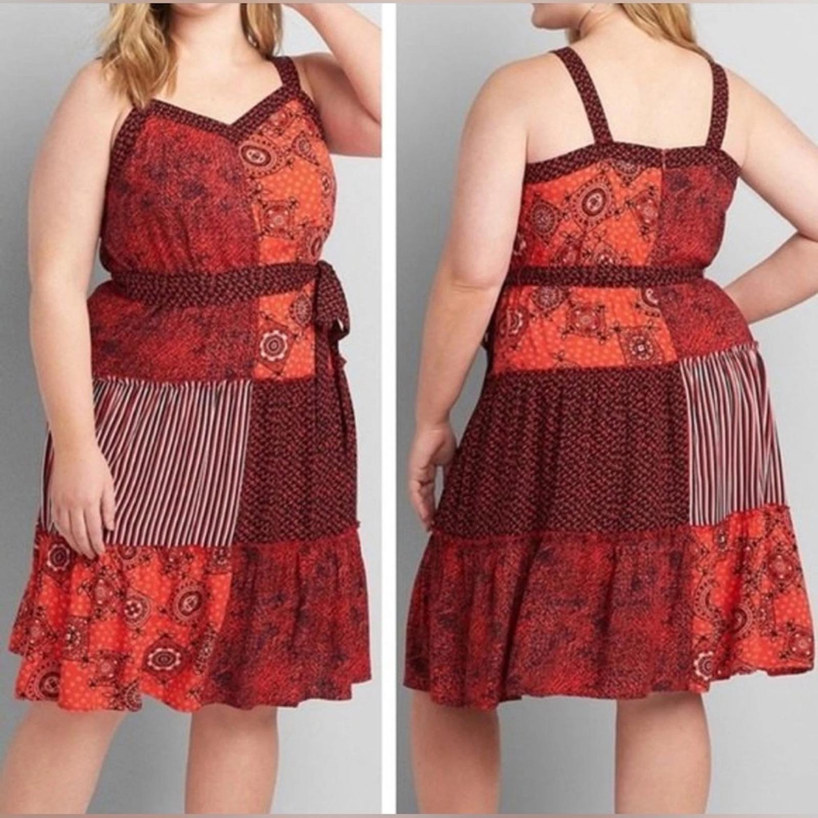 Lane Bryant Red Patchwork Print Midi Dress w/Belt, NWT, Size 14