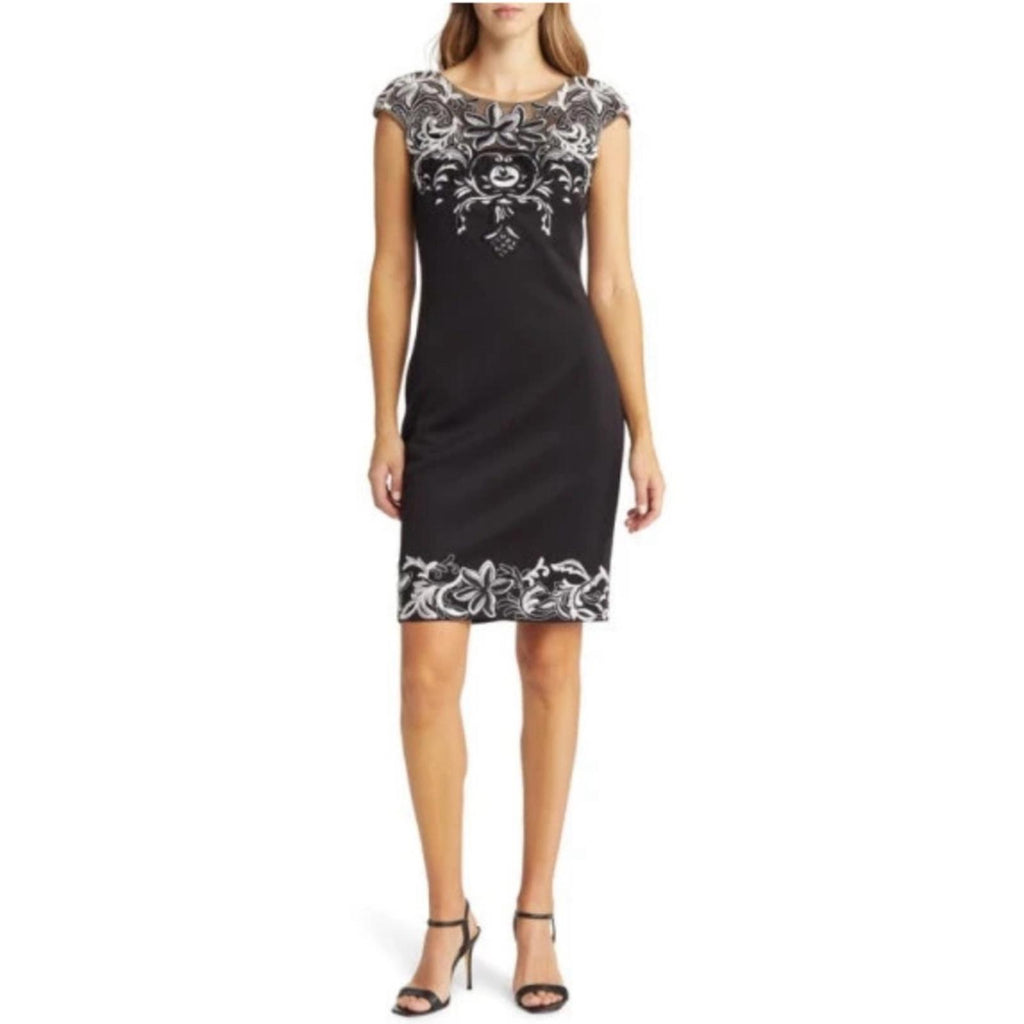 Xscape Embroidered Appliqué Scuba Crepe Cocktail Dress in Black/White Size 6 NWT