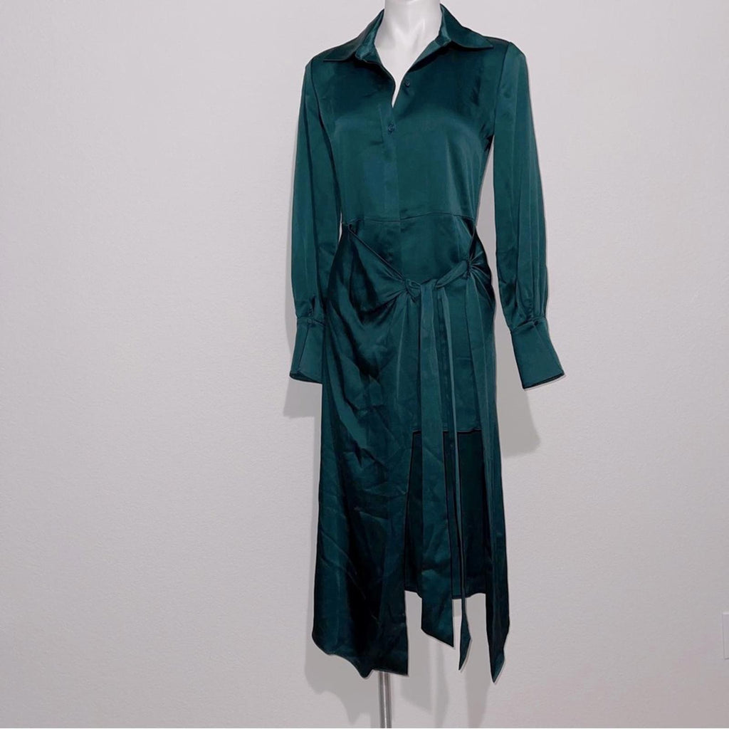 Simkhai Samba Satin Midi Shirt Dress in Emerald, Size 0 New w/Tag Retail $645