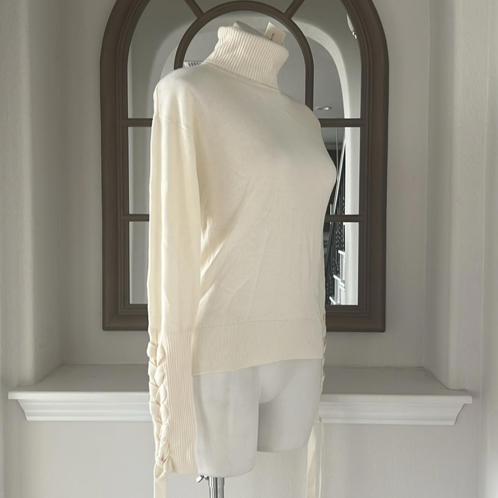 Ramy Brook Walt Turtle Neck Long Lace-up Sleeve Top In Cream, Size S New w/Tag