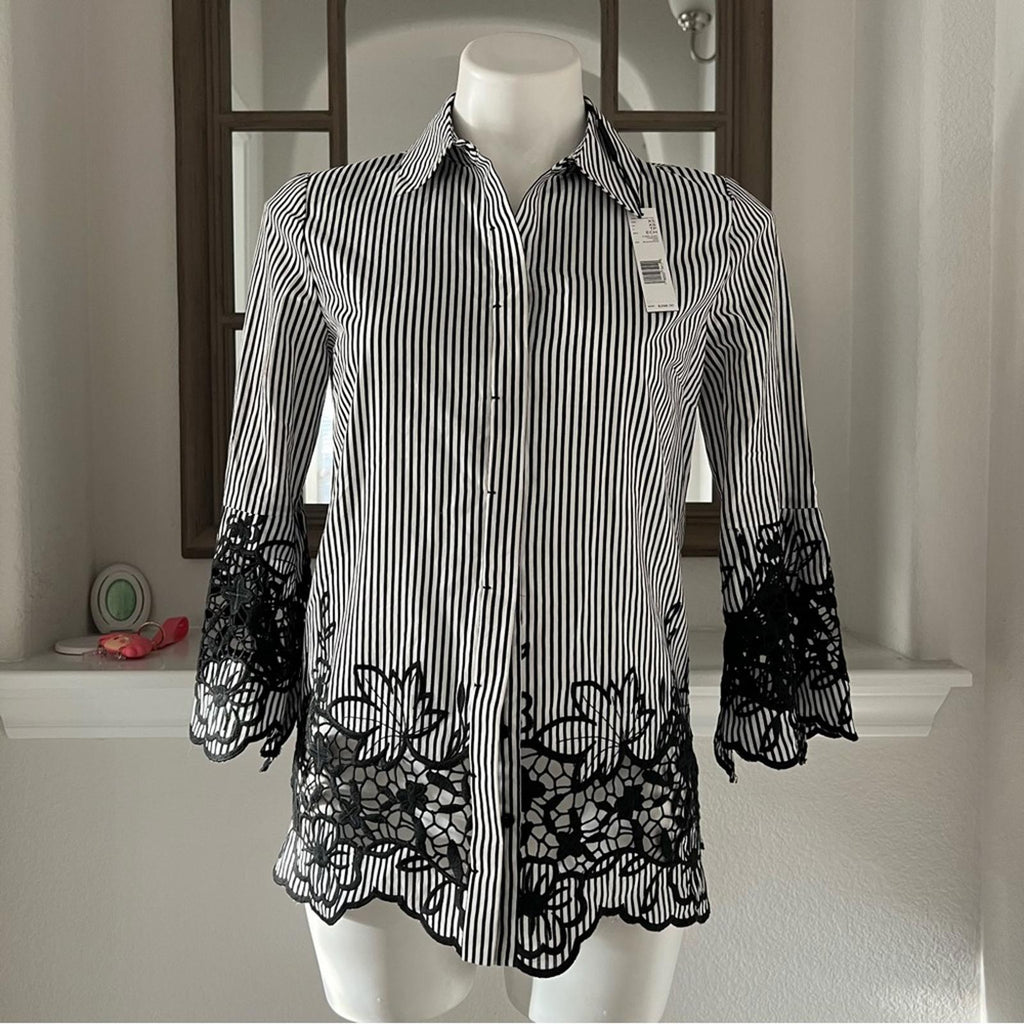 Ellie Tahari Clark Shirt Striped Lace Trim in Black & White New w/Tag $298