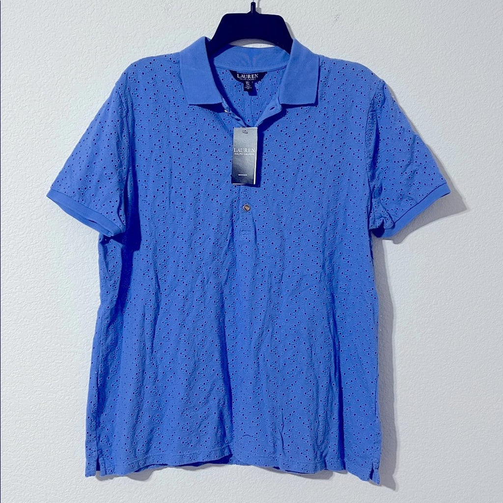 Lauren Ralph Lauren Blue Eyelet Logo Short Sleeve Collared Polo Top Size 1X NWT