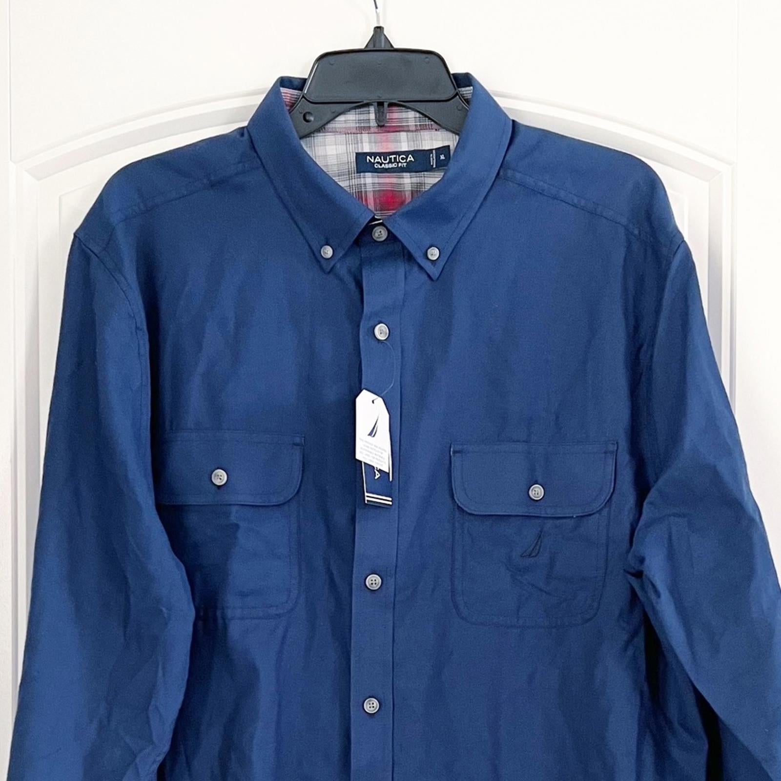 Nautica Twill Dress Shirt Navy Blue Plaid Detailed Rollable Sleeves, Size XL NWT