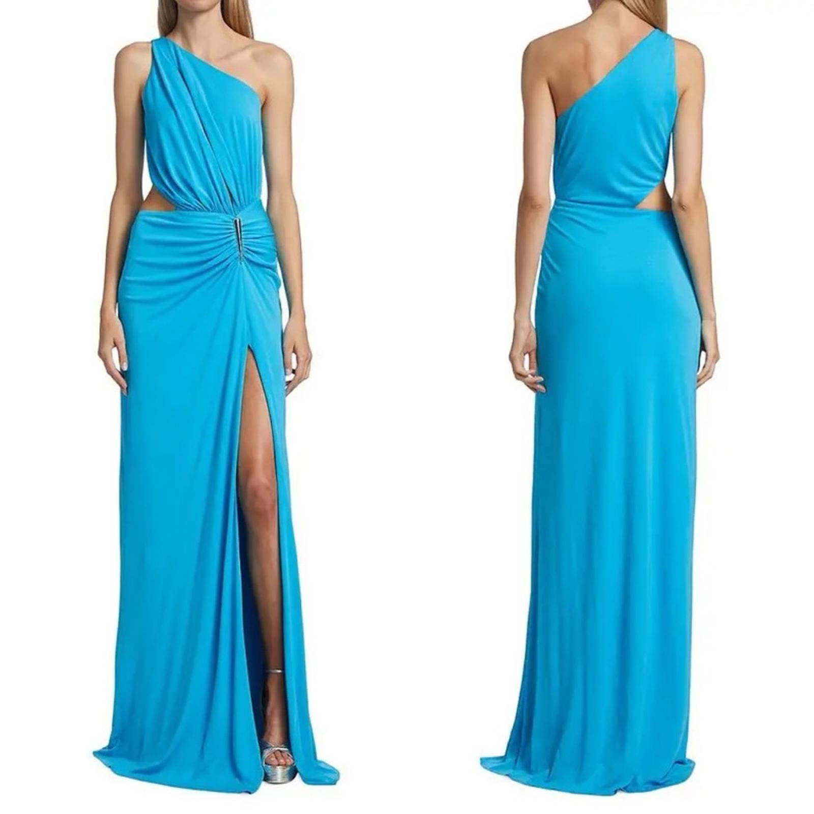 Halston Ivanna Gathered Asymmetric Cut-Out Gown, Aqua/Blue Size 4 New w/Tag