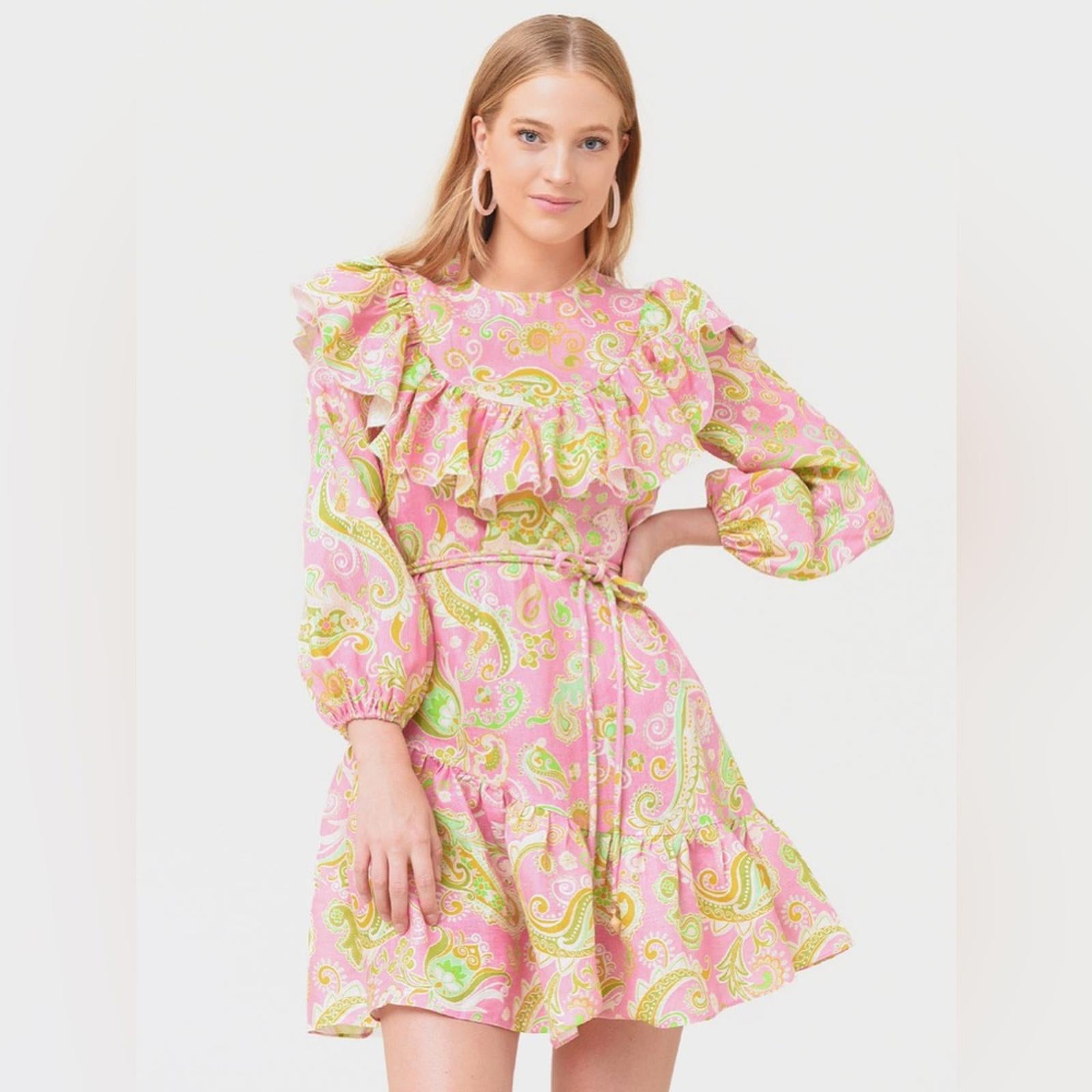ALÉMAIS Marta Linen Ruffle Mini Dress, Size AUS 4 New w/Tag