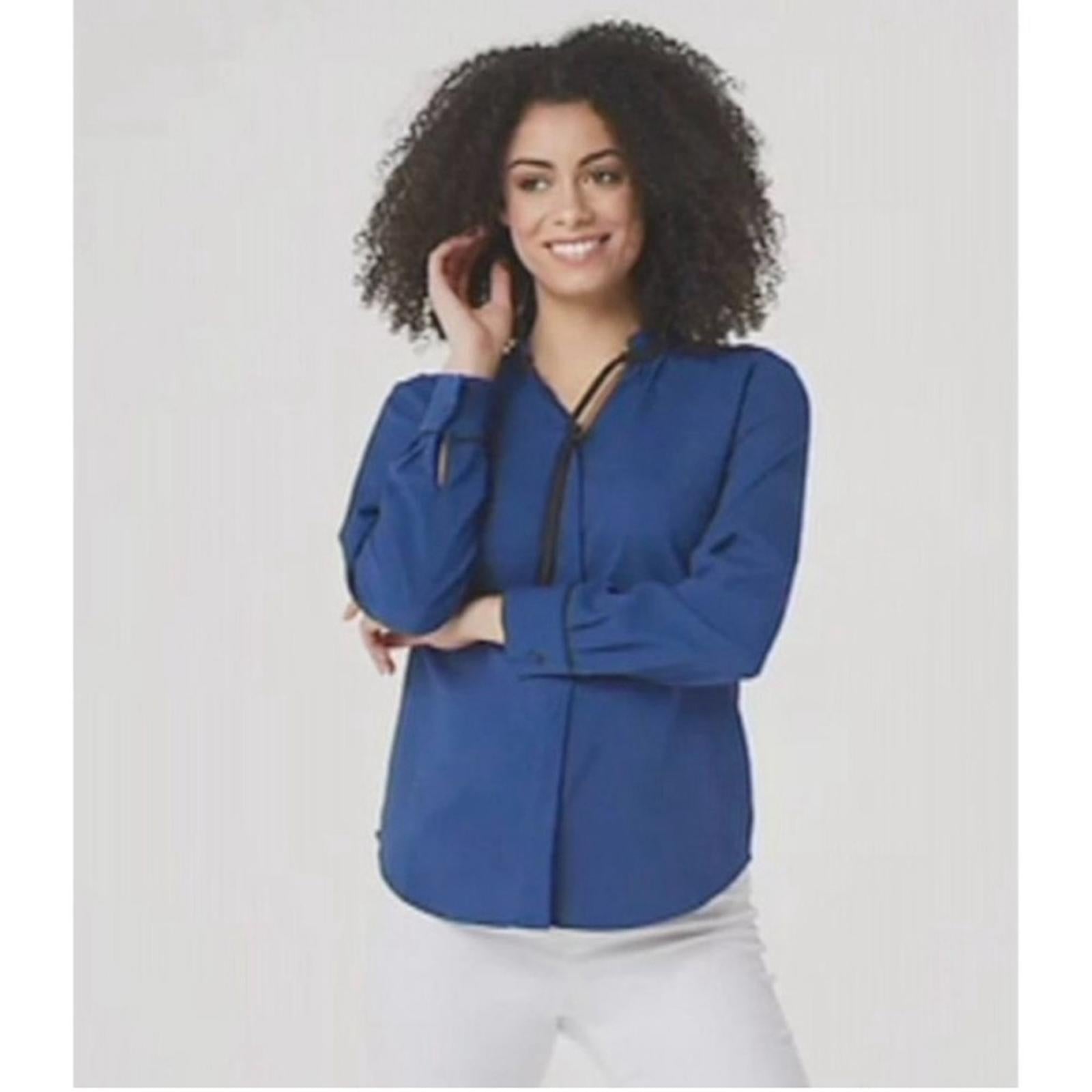 Elizabeth&Clarke NAVY Button-Front Tie Collar Top with StainTech Size 18W NWT