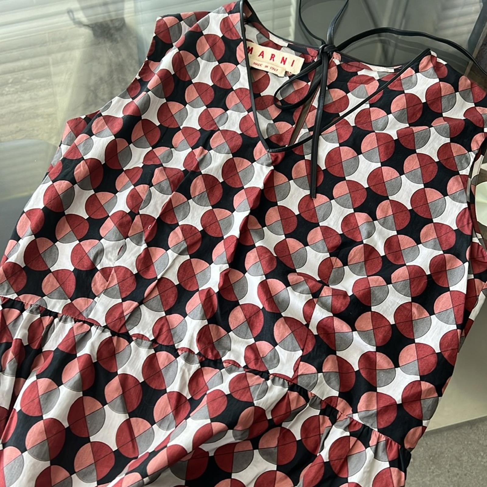 MARNI Geometric Print Tiered Dress w/Pockets & Leather Trim, Size 40 EXCELLENT!
