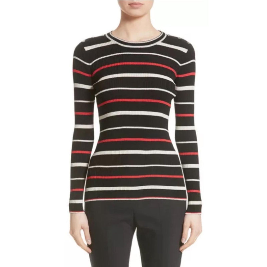 ST JOHN Stripe Crewneck Sweater, Cavair/Tikka Red Multi Size M New w/Tag