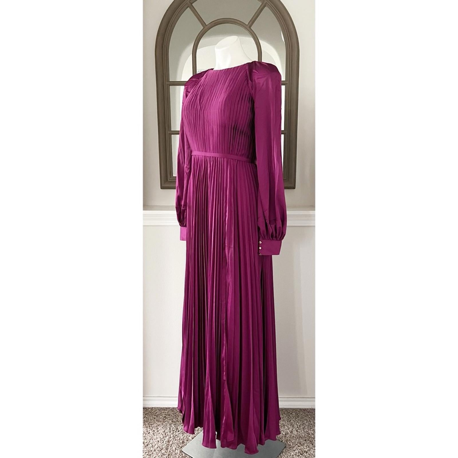 Mac Duggal IEENA Pleated Long Sleeve Satin Gown, Purple Size 8 New w/Tag $498