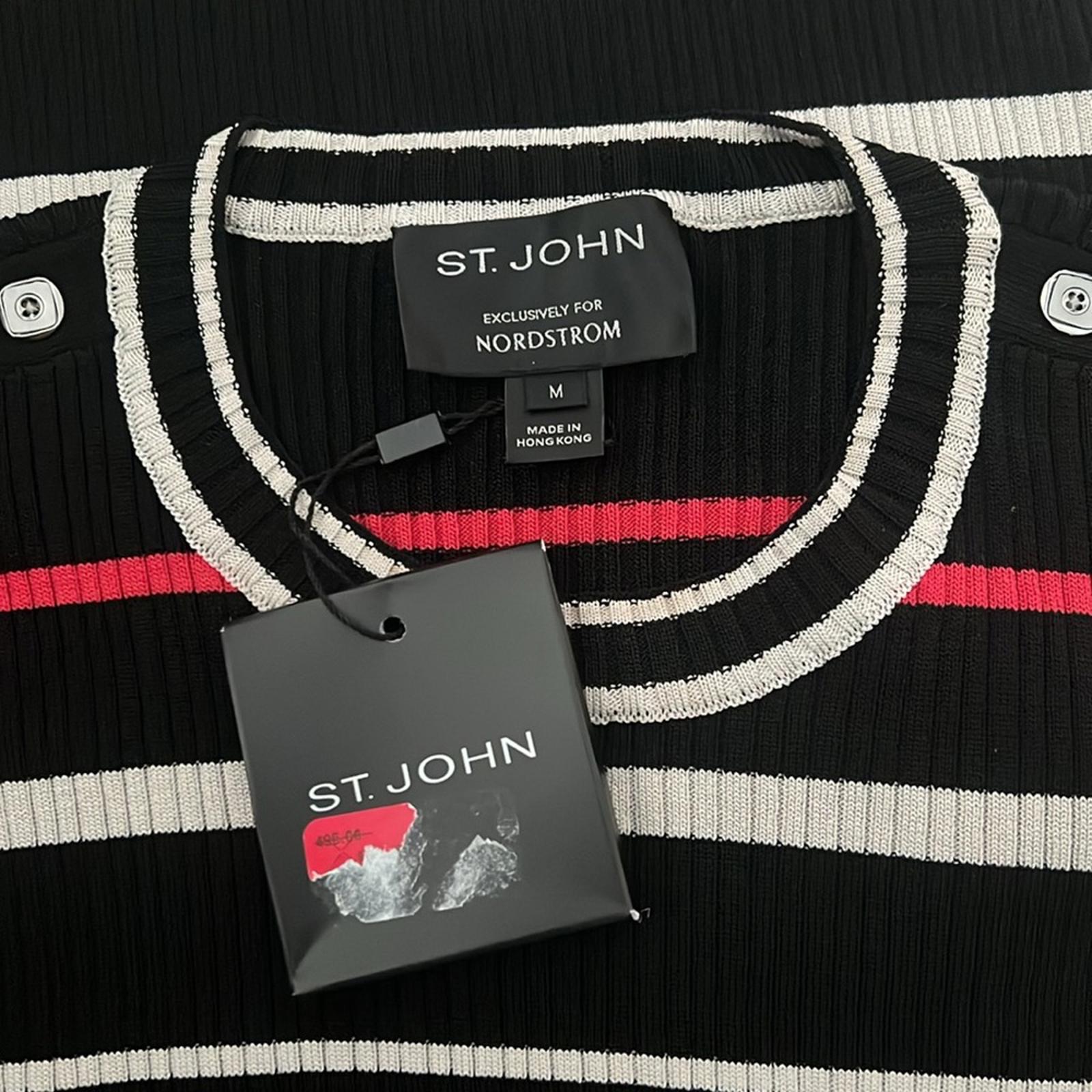 ST JOHN Stripe Crewneck Sweater, Cavair/Tikka Red Multi Size M New w/Tag