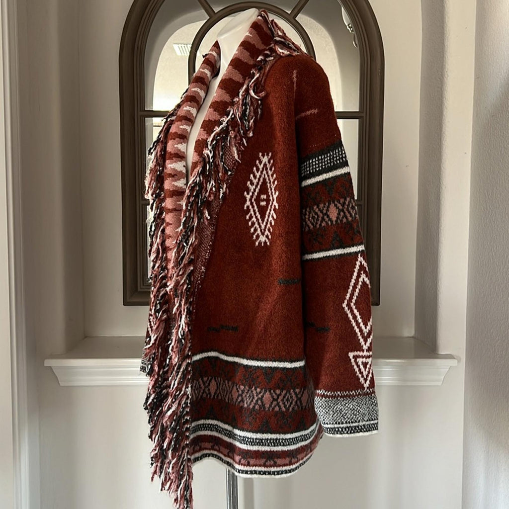 Doe & Rae Aztec Open Front Fringe Cardigan Sweater Brown Multi Size L EXCELLENT!