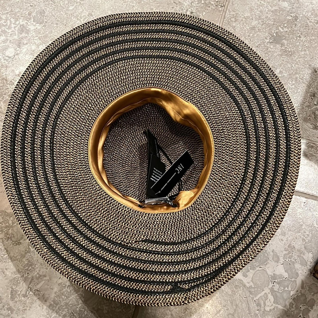 INC Natural Black Striped-Brim Floppy Hat, One Size New w/Tag $48.50