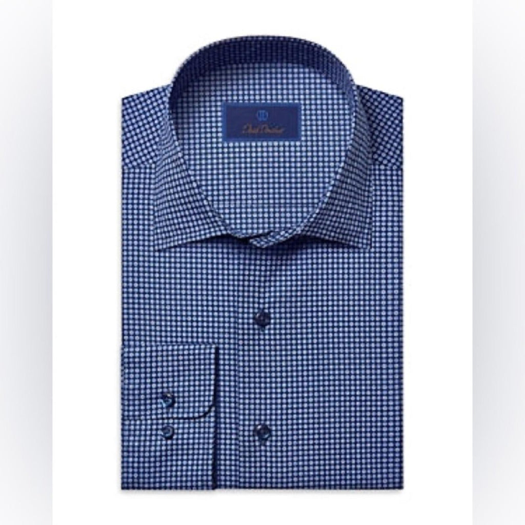 NEW David Donahue Geometric Floral Print Dress Shirt in Navy, Size 17 (34/35)