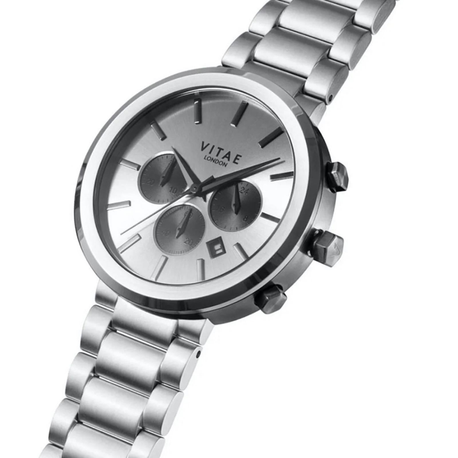 Vitae London Watch Elmington Silver Tone Stainless Steel Bracelet 44mm, NWT