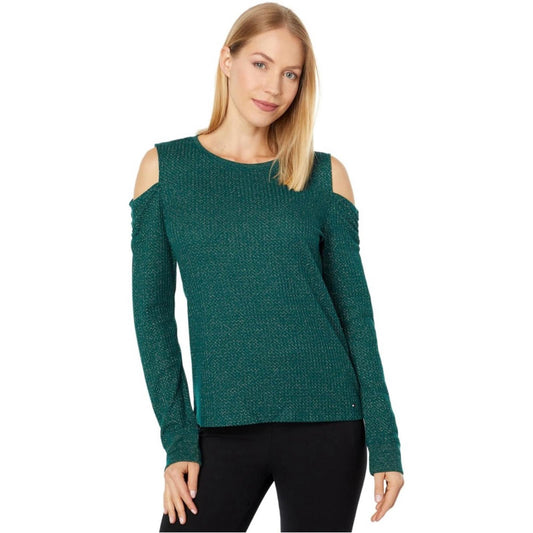 Tommy Hilfiger Forest Gold Metallic Long Sleeve Cold Shoulder Top Size M NWT