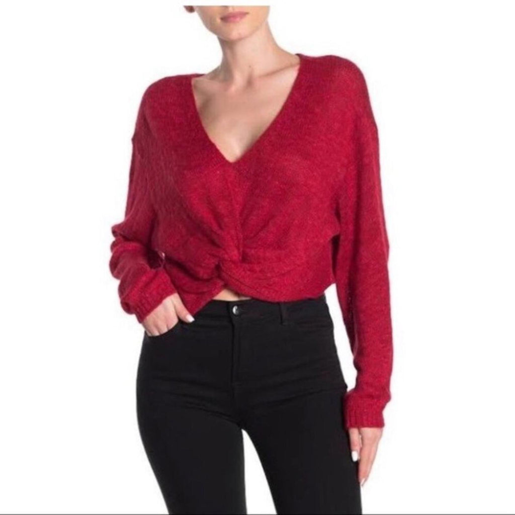 BCBG Twist Tie Sweater V-Neck Cropped in Red, Size XL New w/Tag
