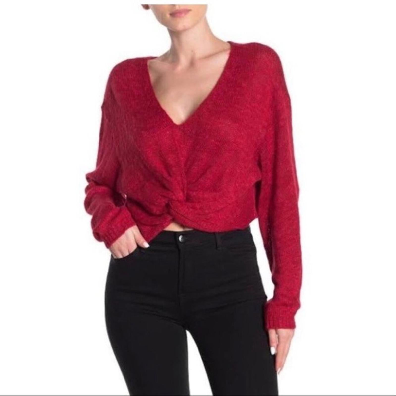 BCBG Twist Tie Sweater V-Neck Cropped in Red, Size XL New w/Tag