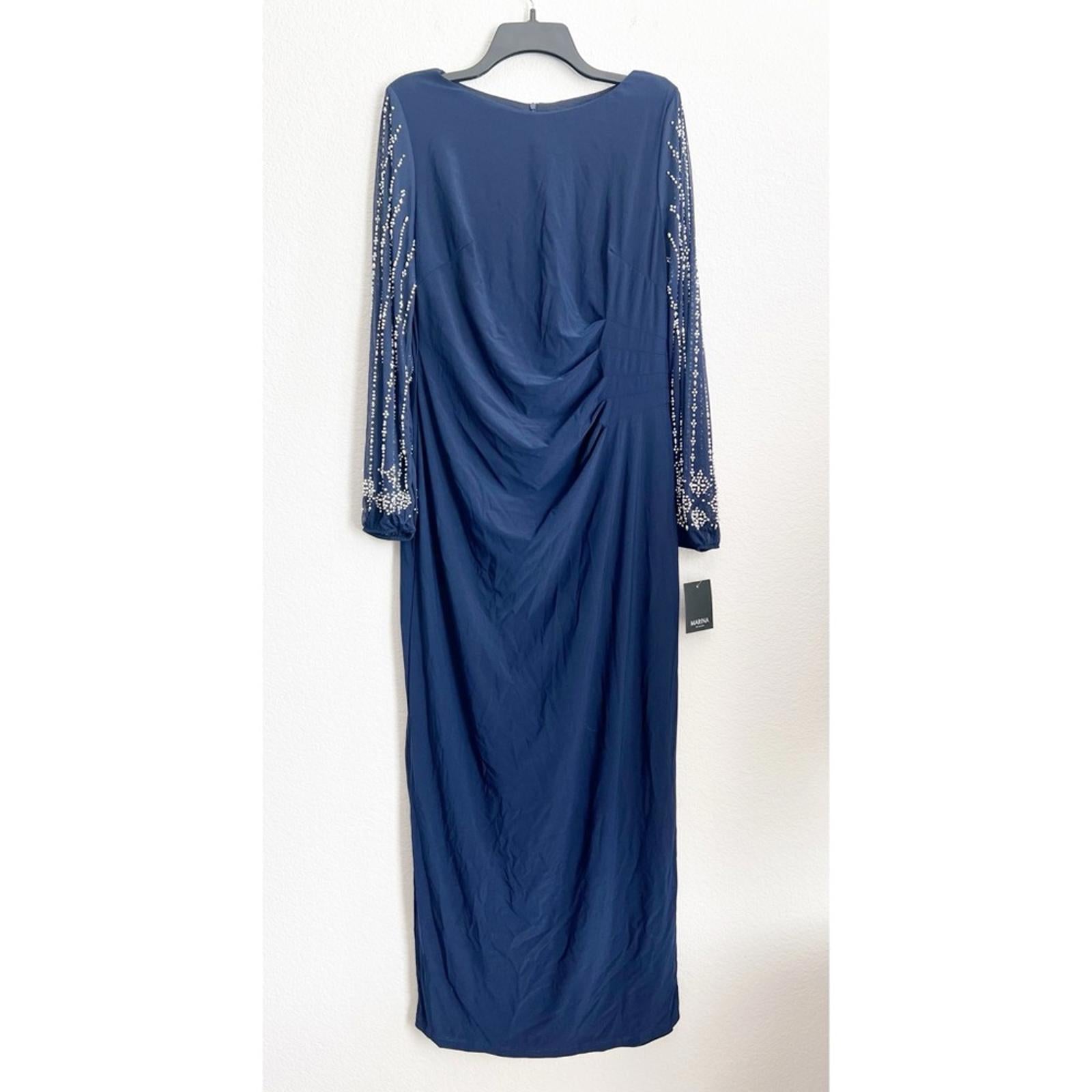Marina Sheer Beaded Long Sleeve Maxi Dress in Navy, Size 16, New w/Tag