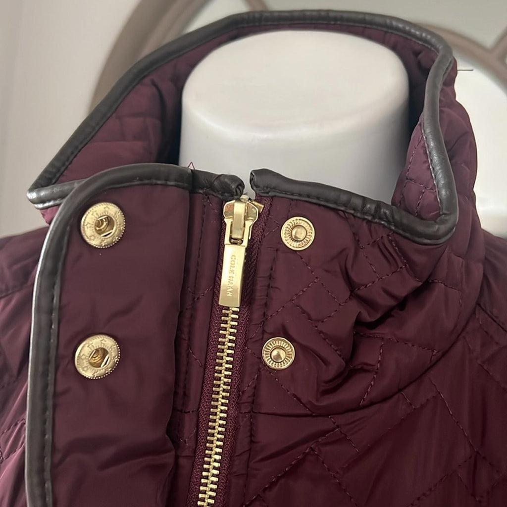 Cole Haan Burgundy Quilted Long Jacket w/Brown Leather Trim, NO BELT XL $260
