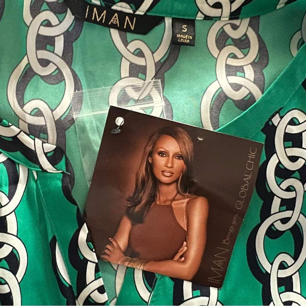 IMAN Popover High Low Chain Print Long Sleeve Blouse, Green Size S New w/Tag