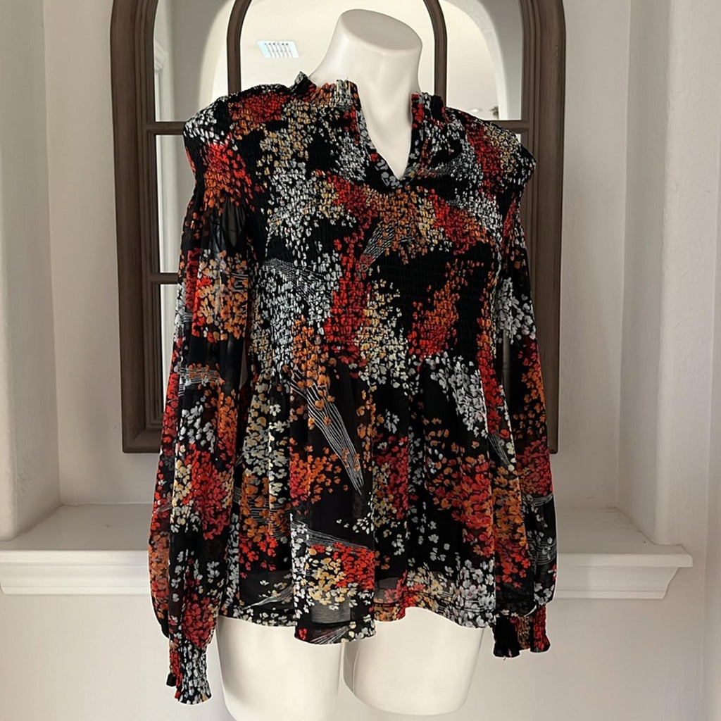 Anthropologie Akemi + Kin Balloon Sleeve Floral Chiffon Smocked Top Size S
