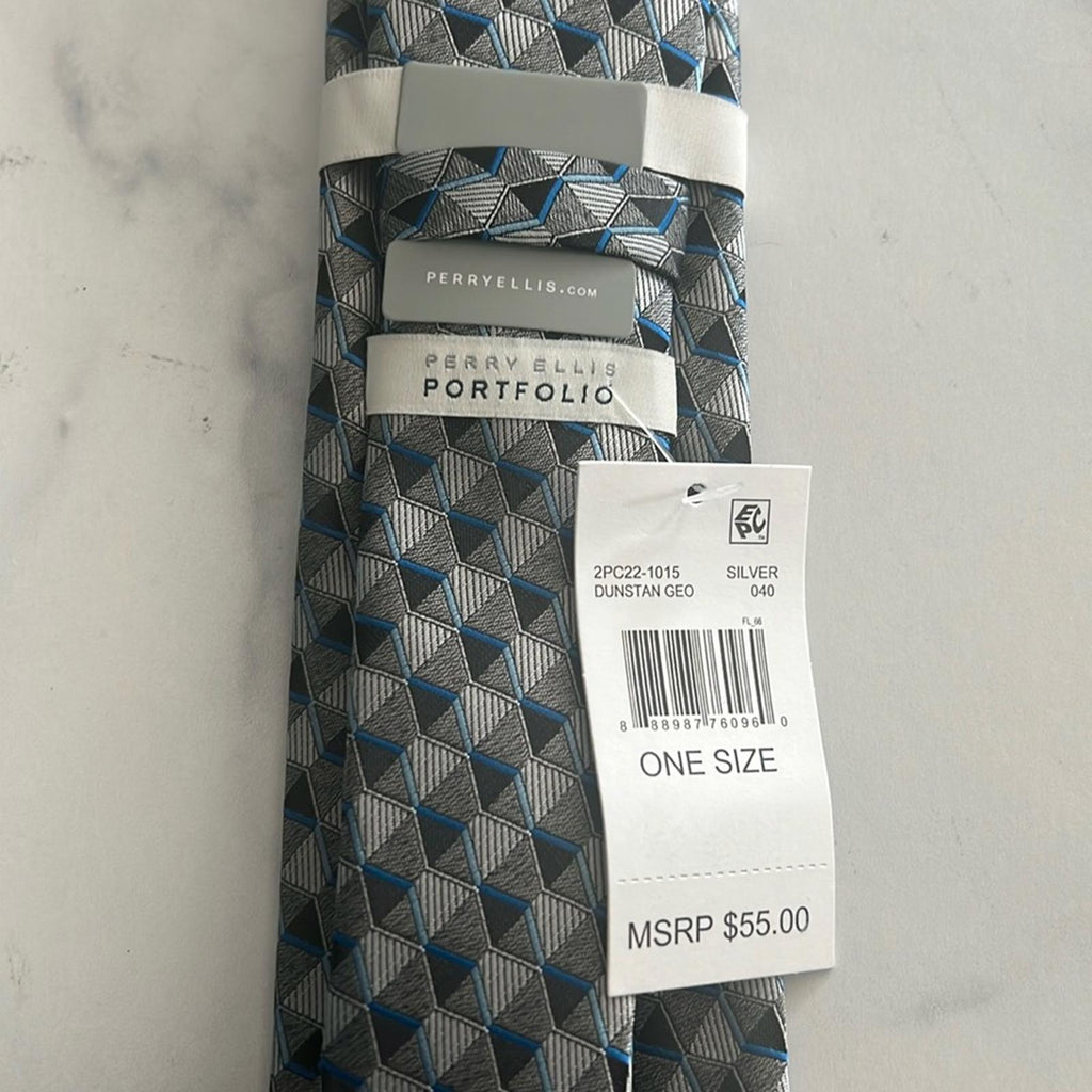 Perry Ellis Men's Dunstan Geometric Print Tie Silver Necktie, One Size New w/Tag