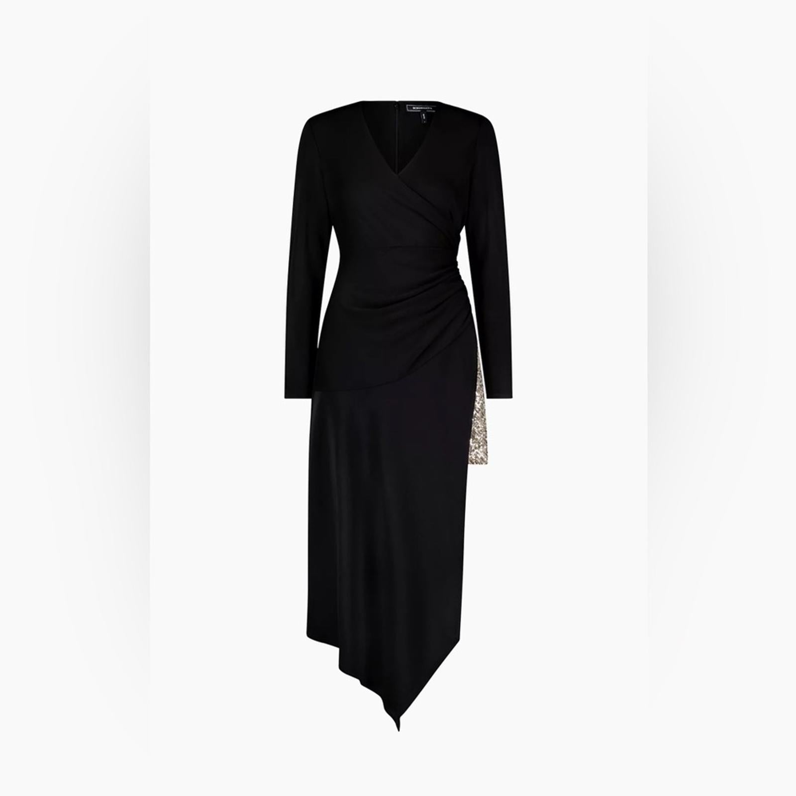 BCBGMaxazria Sequin Asymmetric Midi-Dress in Black Gold, Size 12, New with Tag