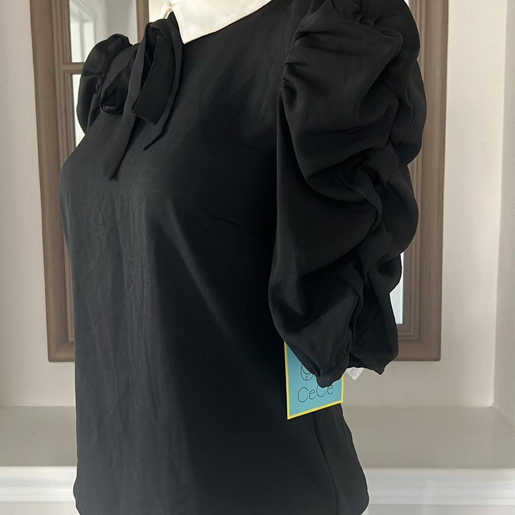 Cece Collared Puff Sleeve Blouse in Rich Black, Size XS New w/Tag Retail $89