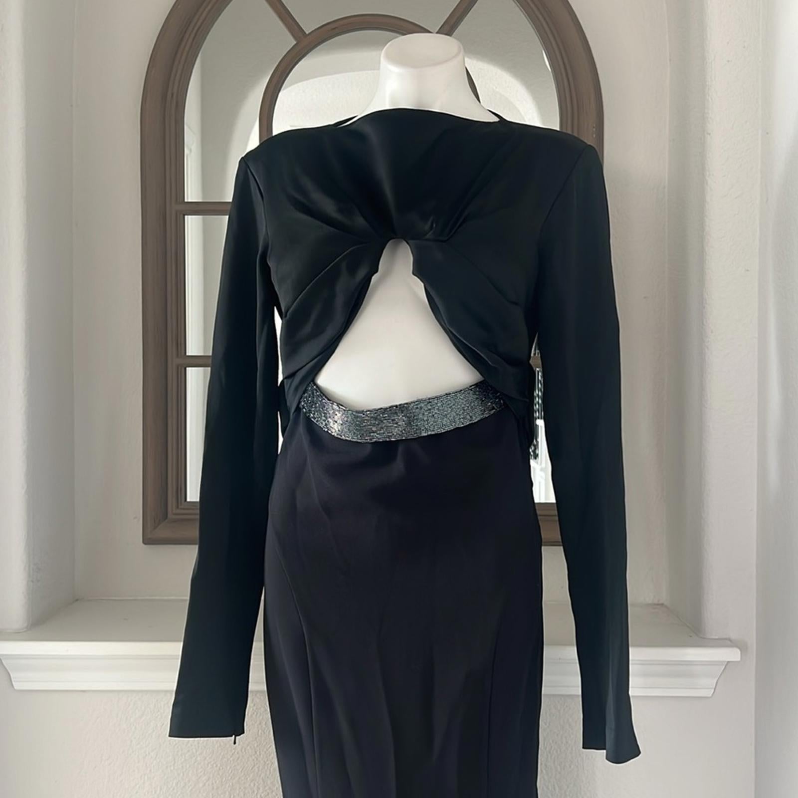 Safiyaa BLACK Cutout Beaded Belt Gown with Gun Metal, Size FR42 US10 NWT $2,615