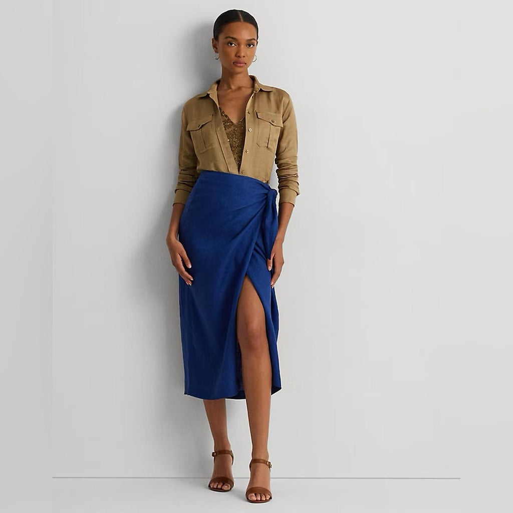 Lauren Ralph Lauren Linen Wrap Midi Skirt in Indigo Sail, Size 4 New w/Tag