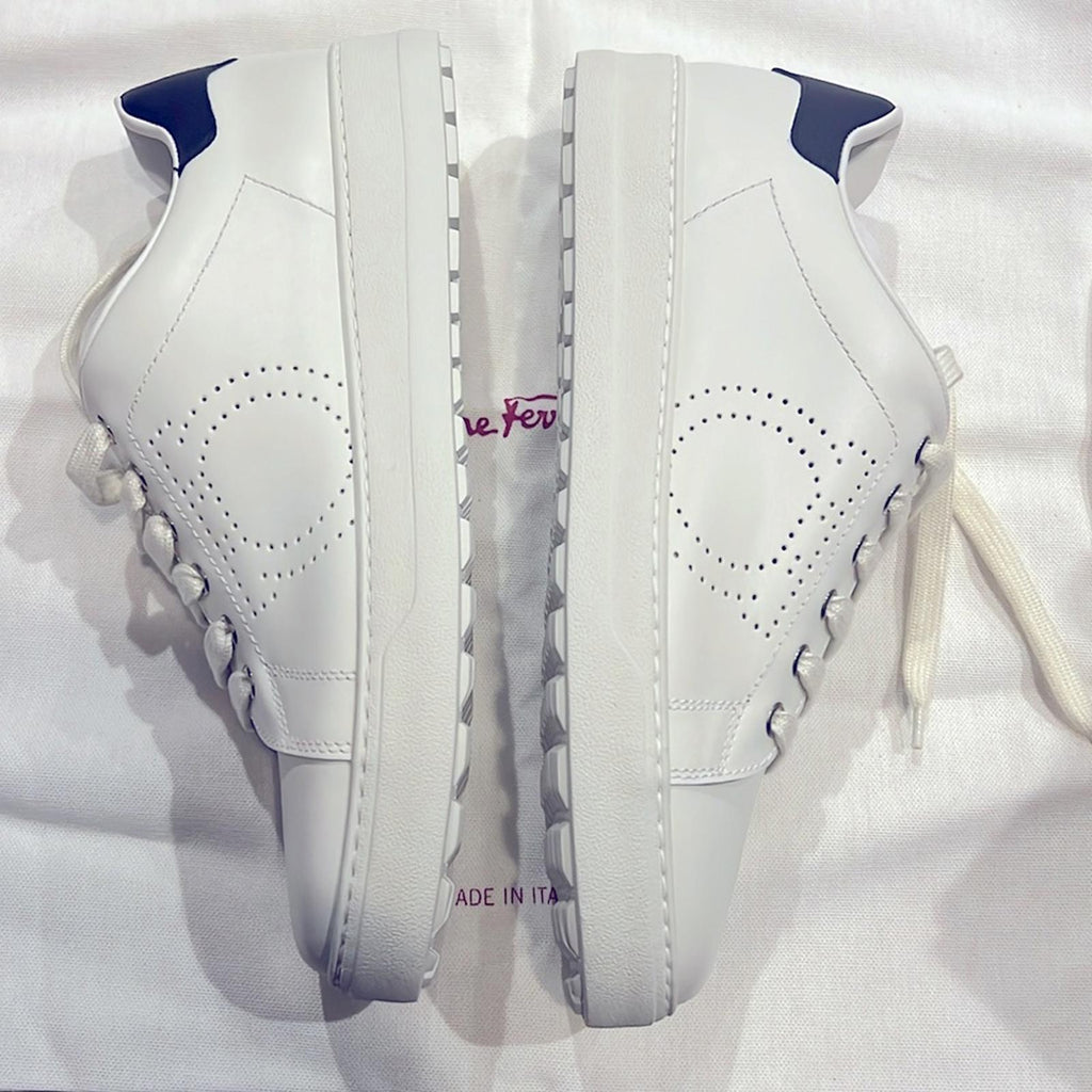 Ferragamo Pierre Low Top Sneakers in White Calf Leather, Size 41 New in Box