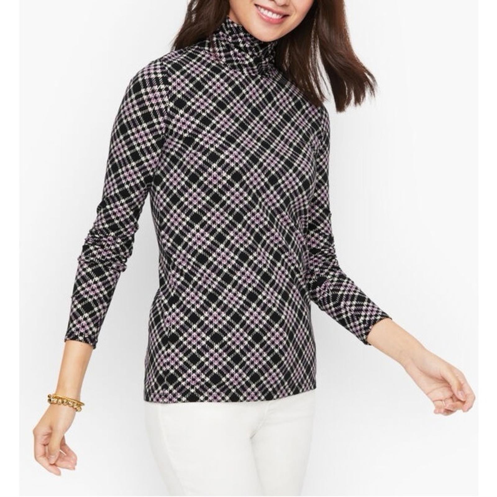 NEW Talbots Cotton Turtleneck Bias Plaid Top Black/Purple Size S New w/o Tag
