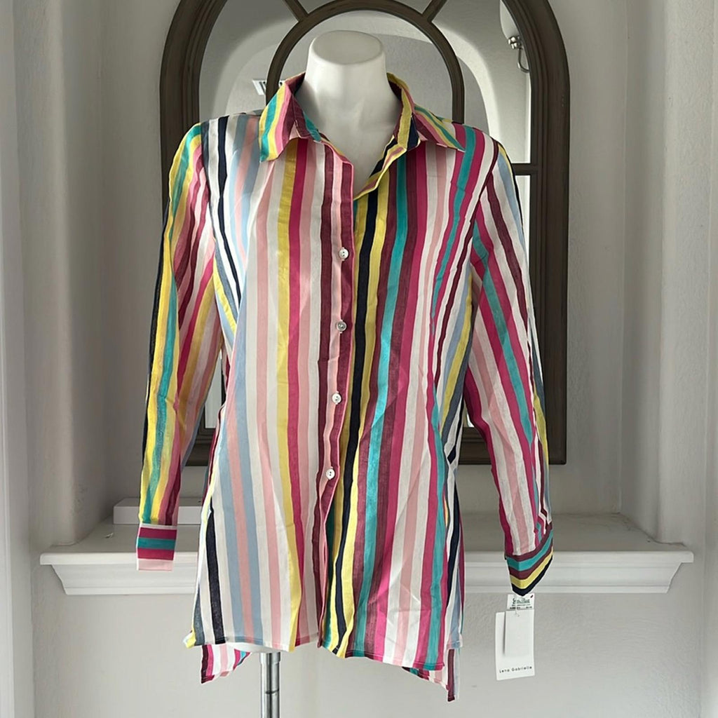 Lena Gabrielle Linen-Blend Summer Stripe Shirt, Size XL New w/Tag $120