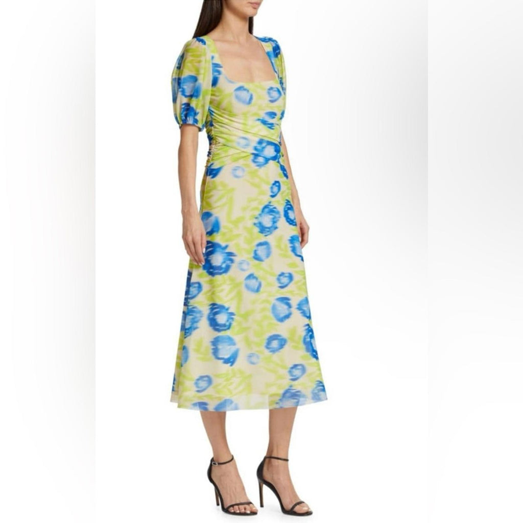 GANNI Crisscross Abstract-Printed Mesh Puff-Sleeve Midi Dress New w/Tag $445