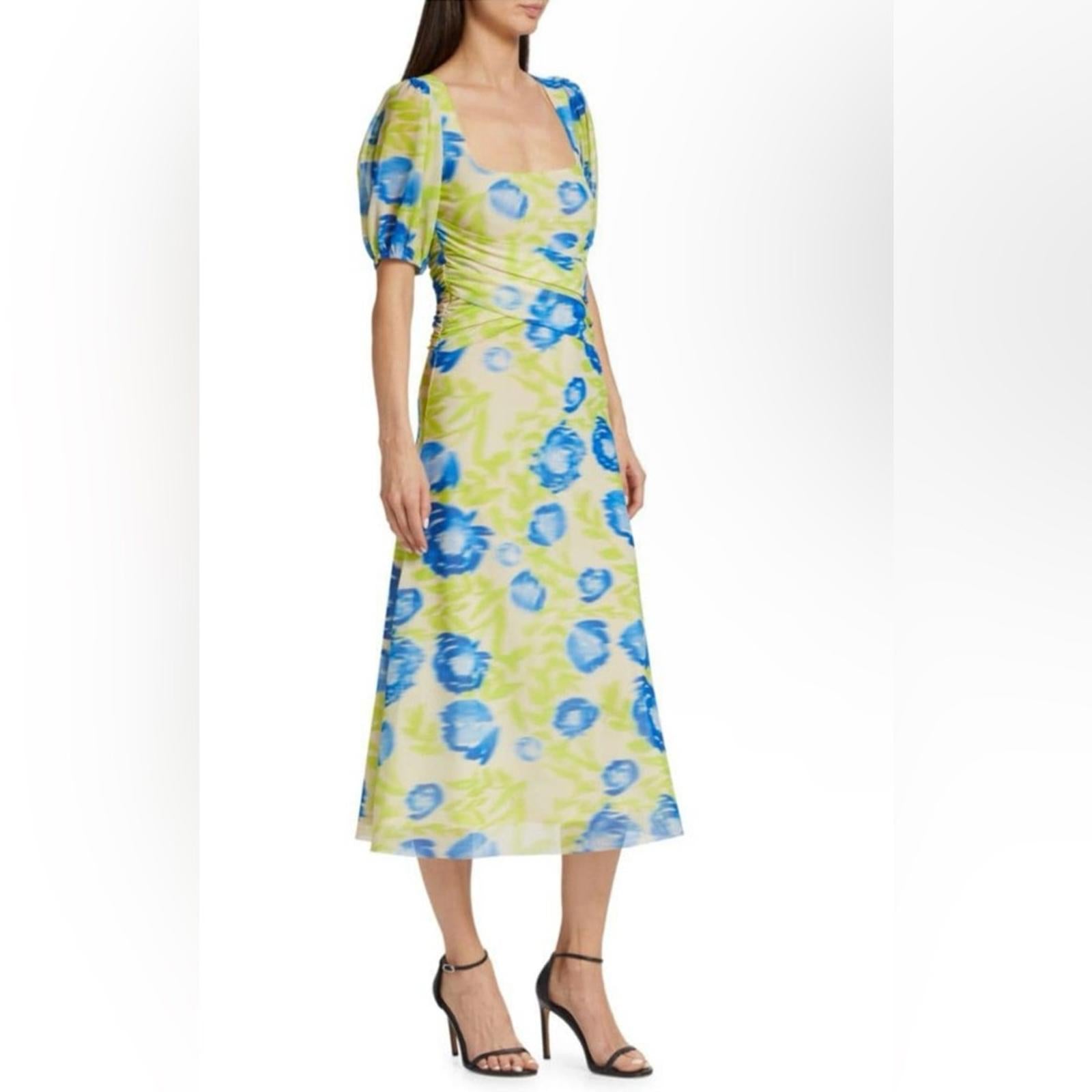 GANNI Crisscross Abstract-Printed Mesh Puff-Sleeve Midi Dress New w/Tag $445