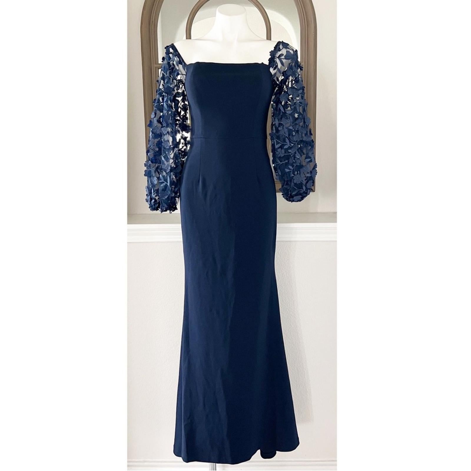 Eliza J. Off-the-Shoulder Mesh-Sleeve Gown in Navy, Size 4, New w/Tag