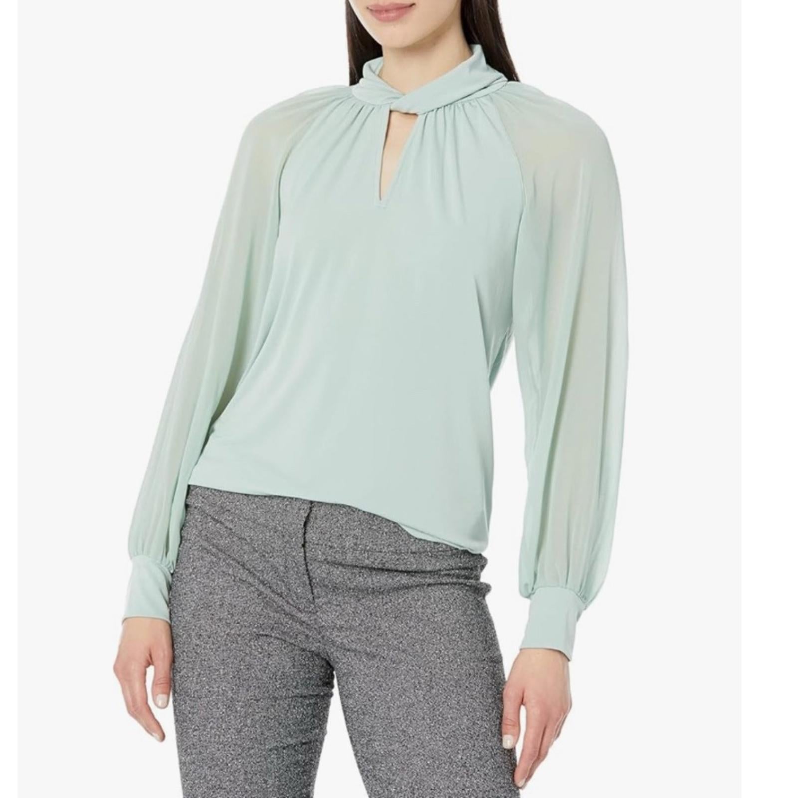 Calvin Klein Twist Neck Chiffon Sleeve Blouse in Mint Green, NWT, Size XL