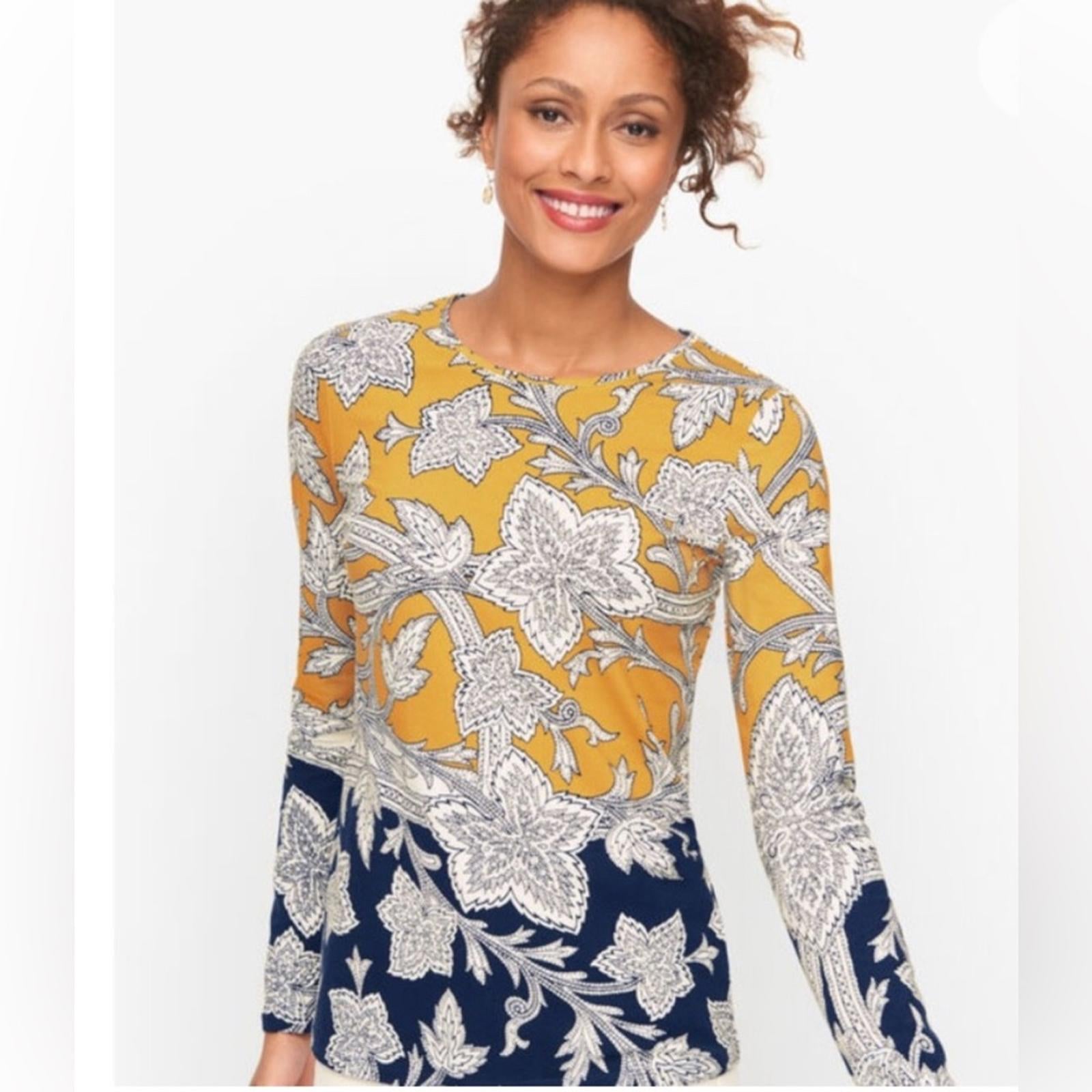 The Talbots Tee Pima Crewneck Tee, Paisley Floral, Yellow Blue Size S EXCELLENT!
