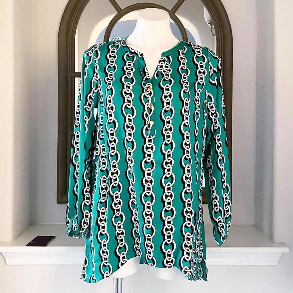 IMAN Popover High Low Chain Print Long Sleeve Blouse, Green Size S New w/Tag