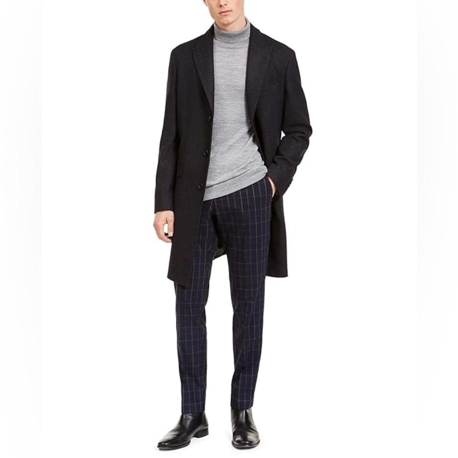 Calvin Klein Men’s Malibu Slim-Fit Charcoal Plaid Overcoat, Size 48 R NWT $495