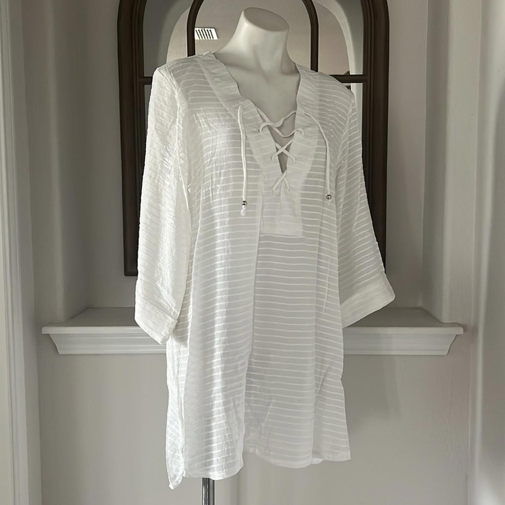 NEW J. Valdi Lace Up Shirt Swim Cover Up, White Size XL New w/Tag Retail $58