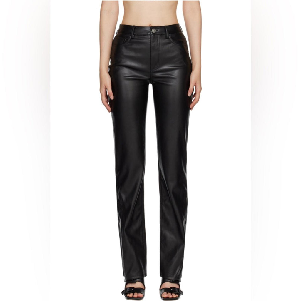 Staud Chisel Vegan Leather Straight-Leg Pants, Black High Waist Size 12 NEW $350